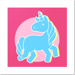 Blue unicorn in a pink world Posters and Art